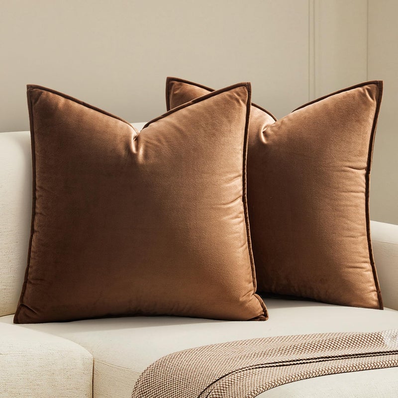 MIULEE Pack of 2 Brown Decorative Velvet Throw Pillow Cover Soft Pillowcase Solid Square Eruo Sham Cushion Case for Sofa Bedroom Car 26x26 Inch - Image 1